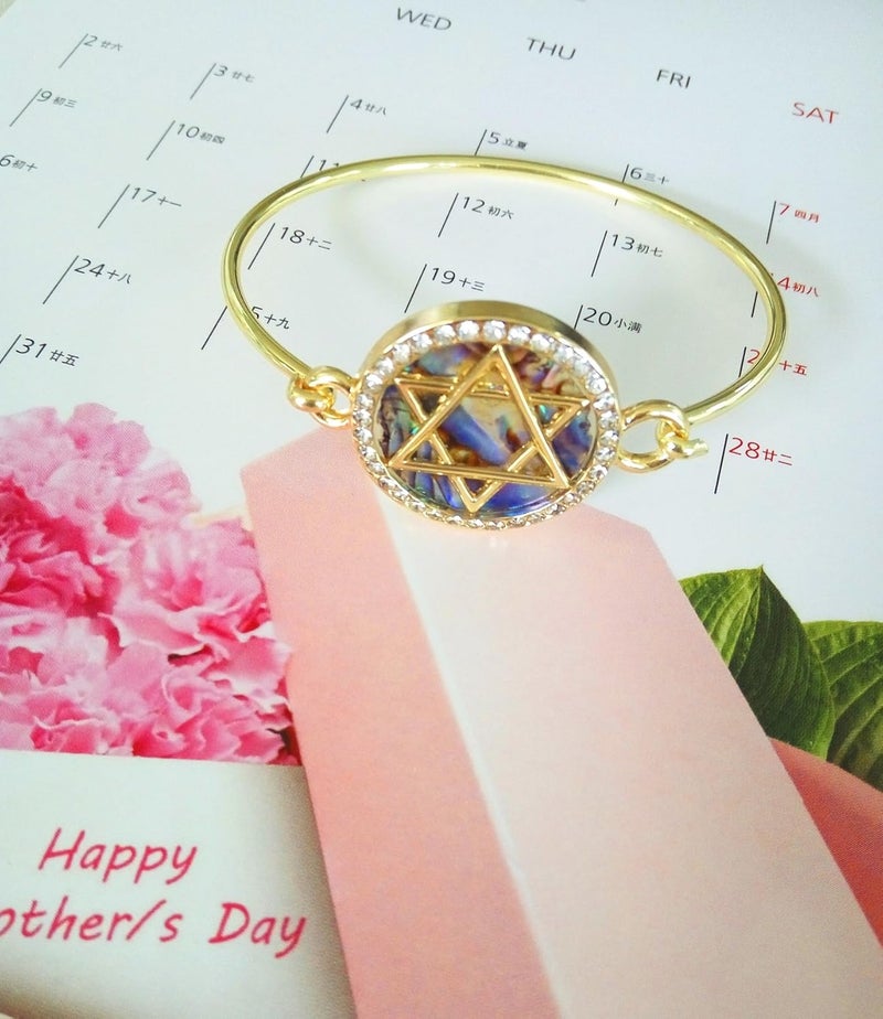 MANZHEN Jewish Charm Star of David Abalone Shell Wire Openable Crystal Bangle Bracelet - Image 2